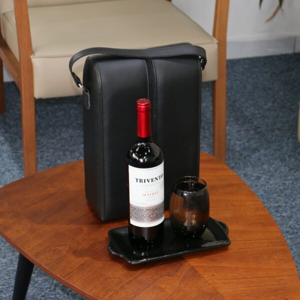Porta-vinhos para 2 garrafas – couro preto (1)